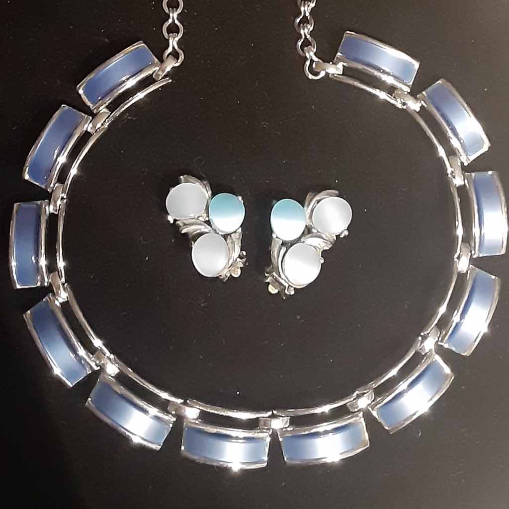 1950 Charel Moonglow Blue Lucite Silvertone Choker & Earrings